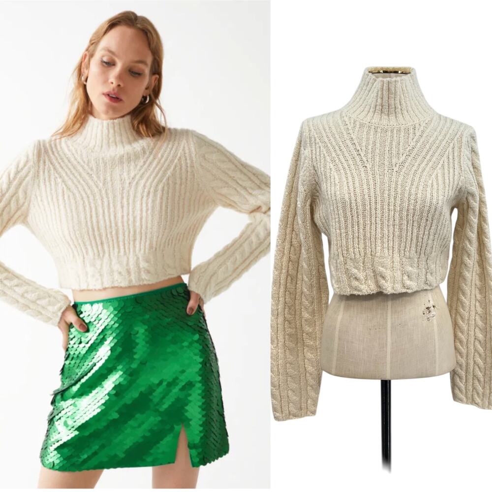 & Other Stories Cable Knit Sweater‎ Cropped Wool Blend Cream Ivory Size Small